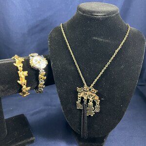 Vintage-Inspired Cat Jewelry Set - Necklace Bracelet & Watch - Gold-Tone Cat Cha